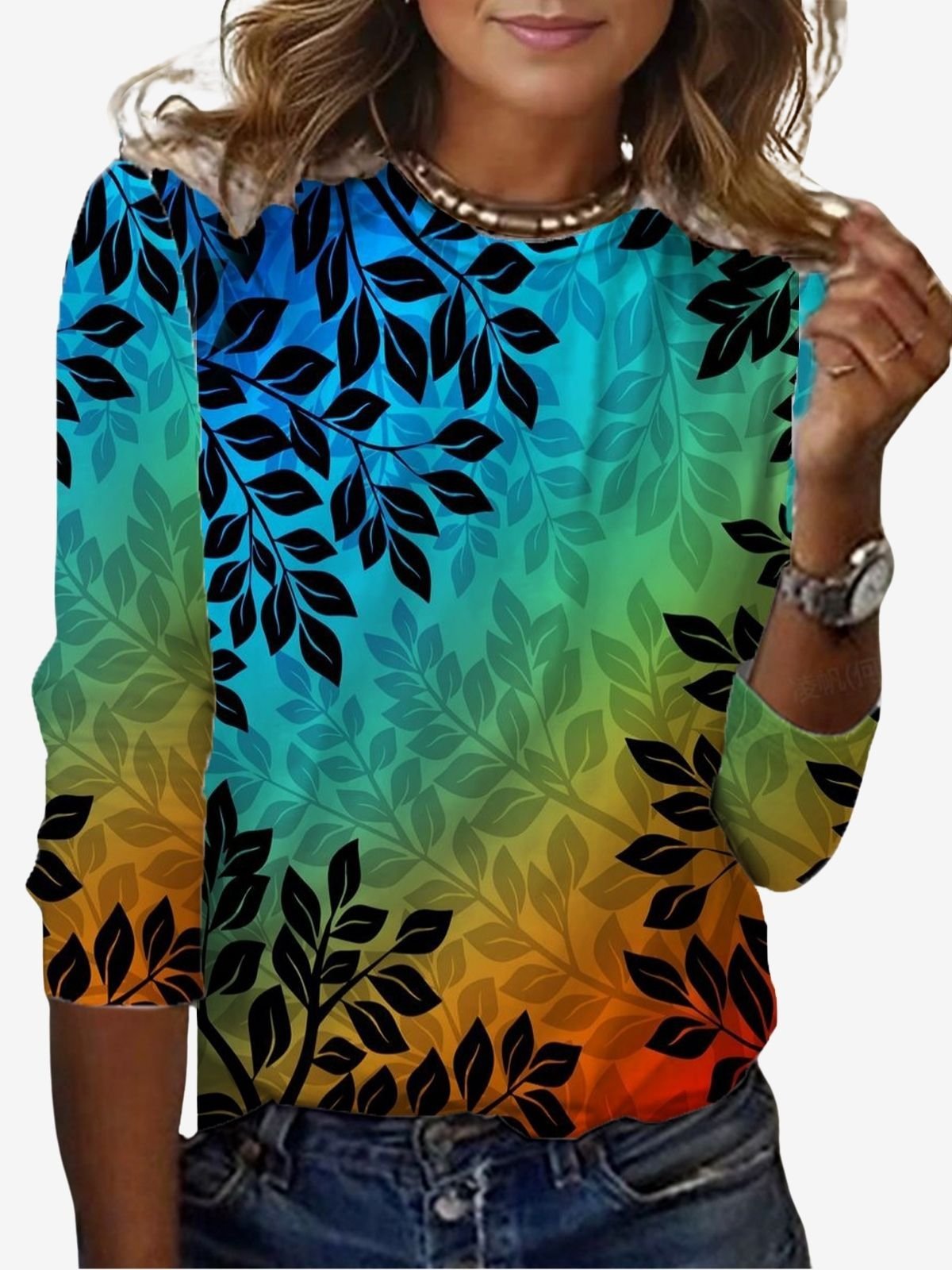 Women's Leaf Long Sleeve Floral Tee T-shirt Crew Neck Casual Spring/Fall Top