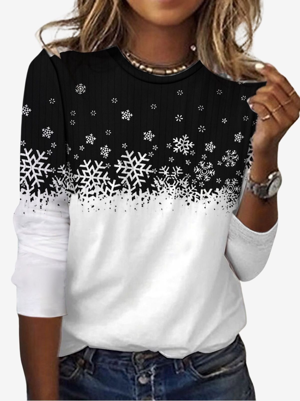 Women's Long Sleeve Tee T-shirt Spring/Fall Snowflake Printing Jersey Crew Neck Holiday Going Out Casual Top