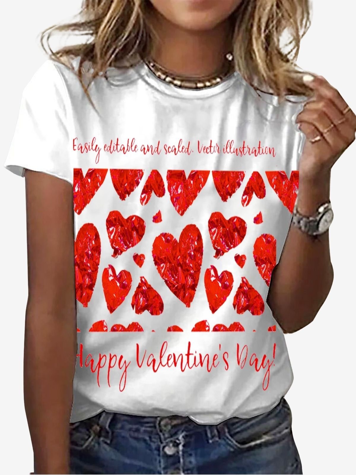 Women's Valentine's Day Heart Print Short Sleeve Crew Neck T-shirt 