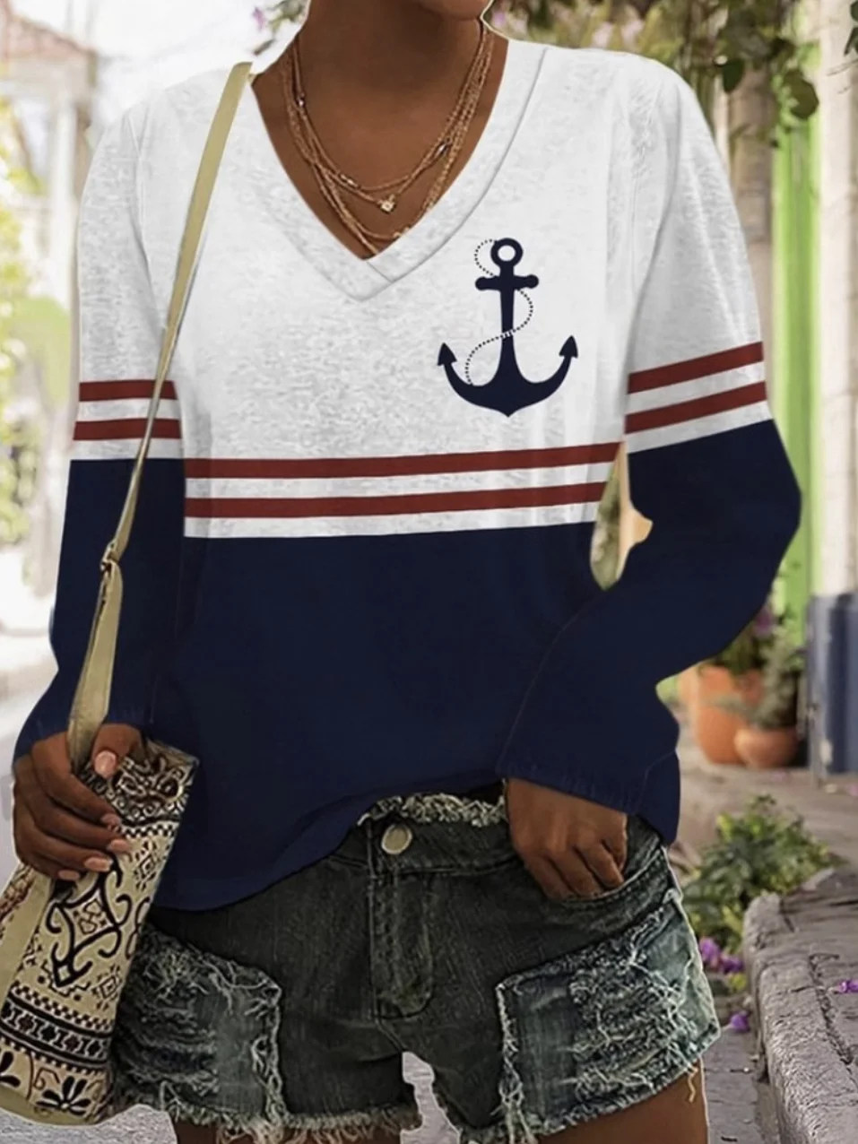 Women's Long Sleeve Tee T-shirt Spring/Fall Multicolor Block Cotton V Neck Daily Going Out Vintage Top