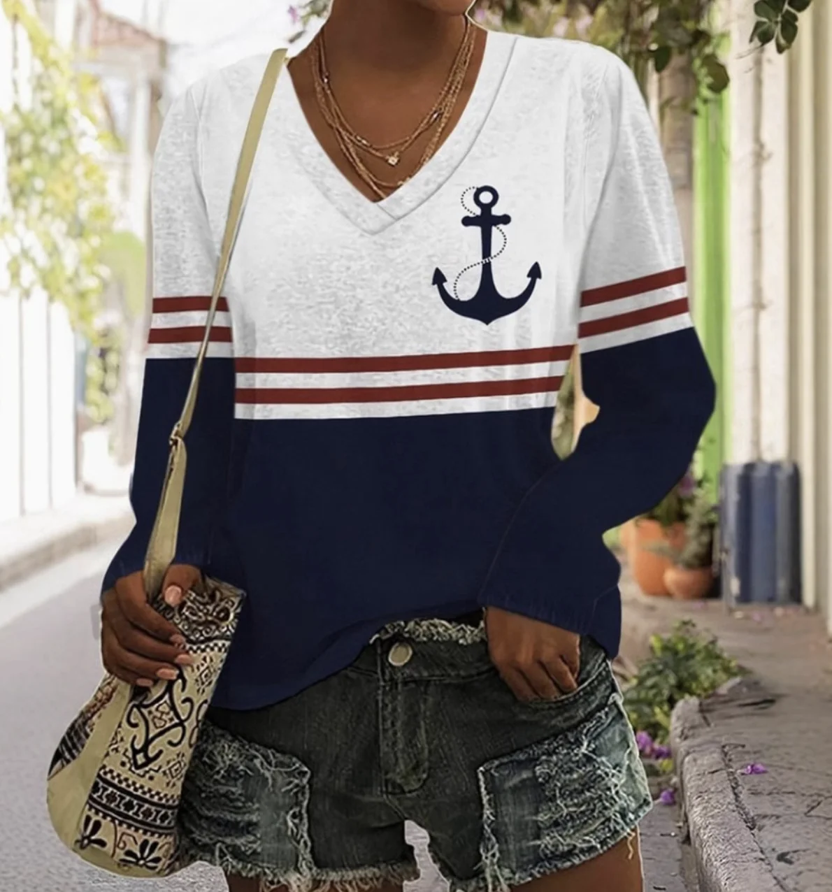 Women's Long Sleeve Tee T-shirt Spring/Fall Multicolor Block Cotton V Neck Daily Going Out Vintage Top