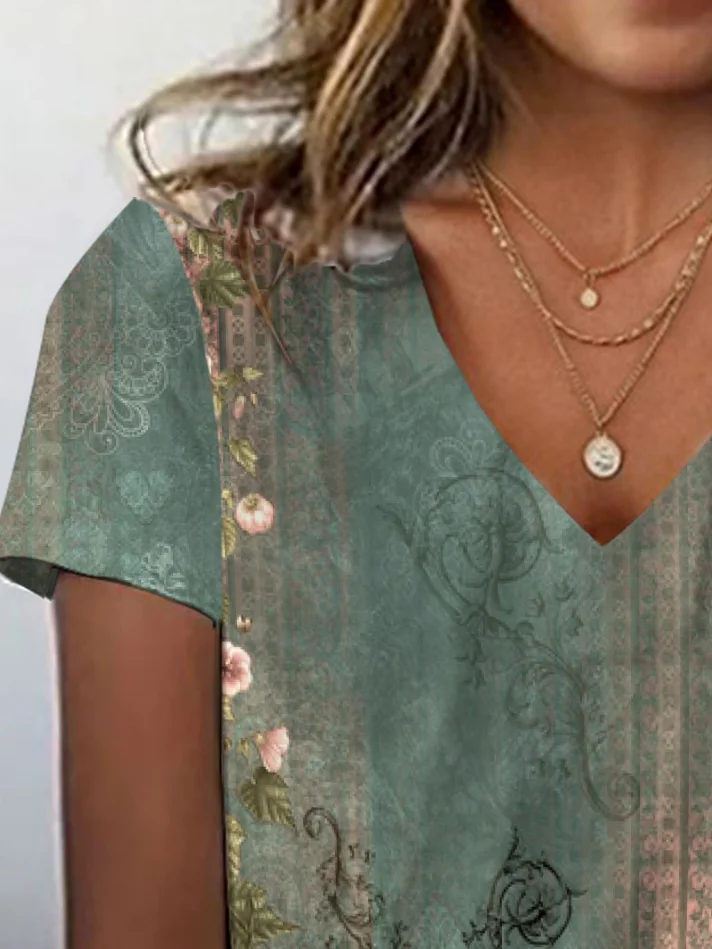 Women's Short Sleeve Tee T-shirt Summer Floral Jersey V Neck Holiday Going Out Casual Top