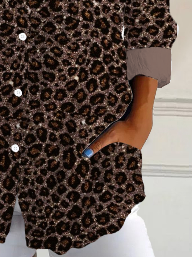 Women's Long Sleeve Shirt Spring/Fall Leopard Shirt Collar Daily Going Out Casual Top