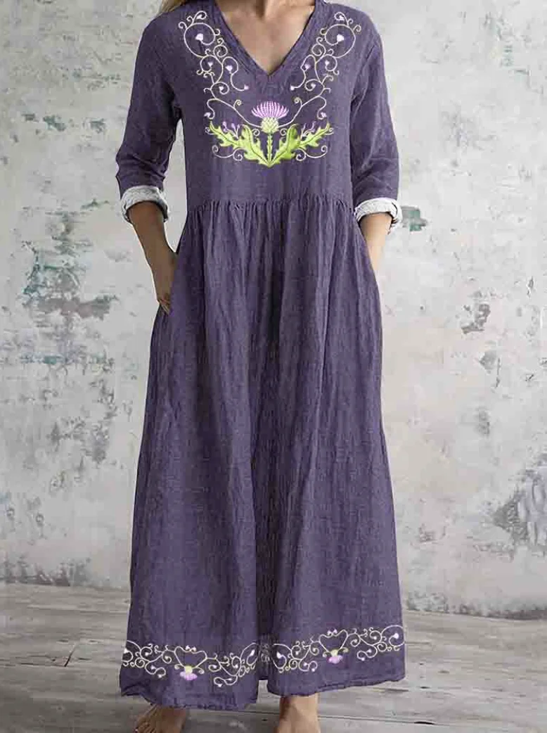 Women's Long Sleeve Spring/Fall Floral Dress V Neck Daily Going Out Vintage Maxi Fit & Flare Dress A-Line Dress