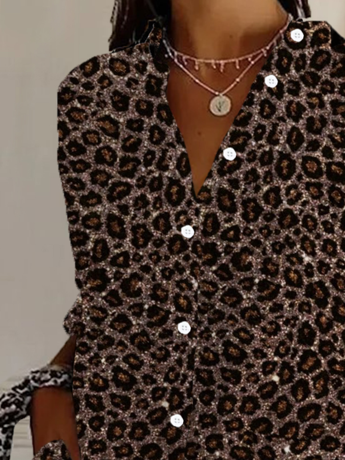 Women's Long Sleeve Shirt Spring/Fall Leopard Shirt Collar Daily Going Out Casual Top