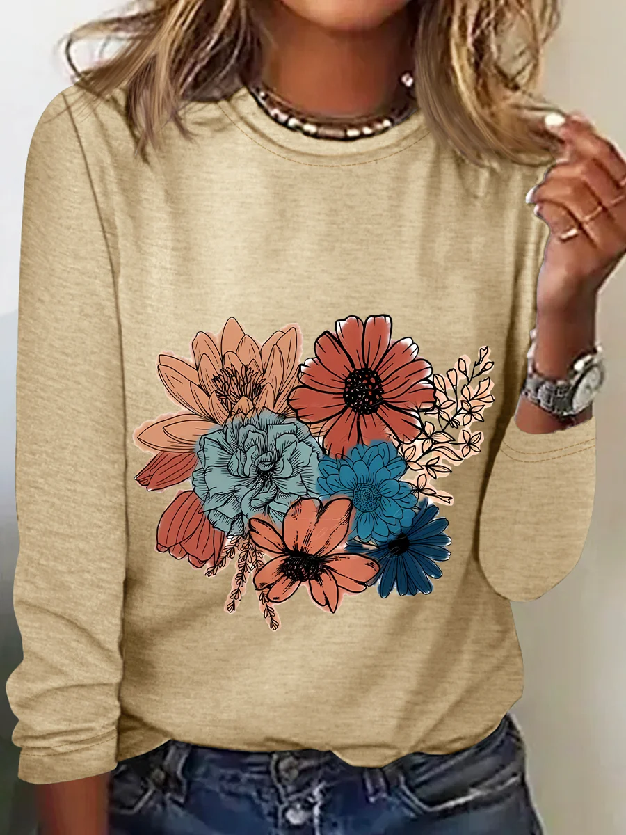 Women's Long Sleeve Blouse Spring/Fall Floral Crew Neck Daily Going Out Casual Top