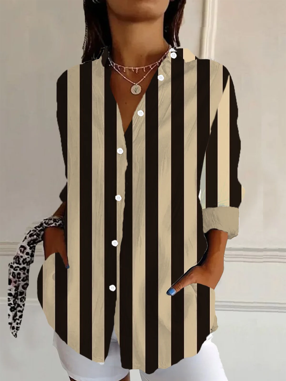 Women's Long Sleeve Shirt Spring/Fall Striped Shirt Collar Daily Going Out Casual Top