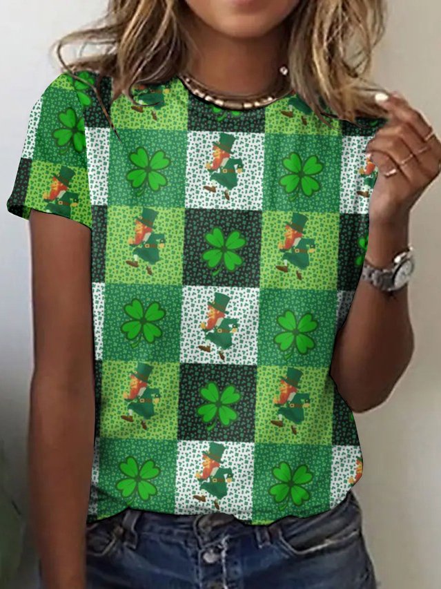 Women's St. Patrick's Day Shamrock Animal Short Sleeve Tee T-shirt Crew Neck Vintage Summer Top