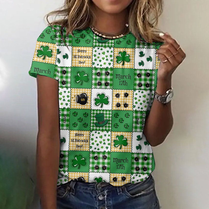 Women's St. Patrick's Day Shamrock Animal Short Sleeve Tee T-shirt Crew Neck Vintage Summer Top