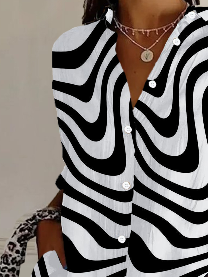 Women's Long Sleeve Shirt Spring/Fall Striped Buckle Shirt Collar Daily Going Out Casual Top