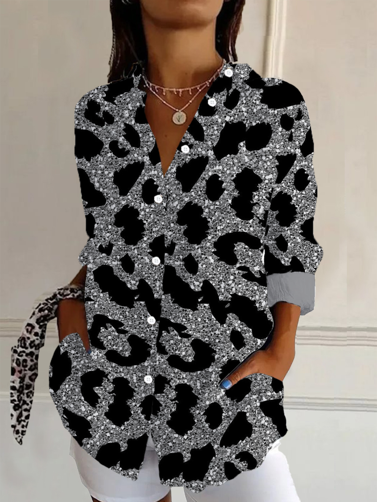 Women's Long Sleeve Shirt Spring/Fall Leopard Buckle Shirt Collar Daily Going Out Casual Top
