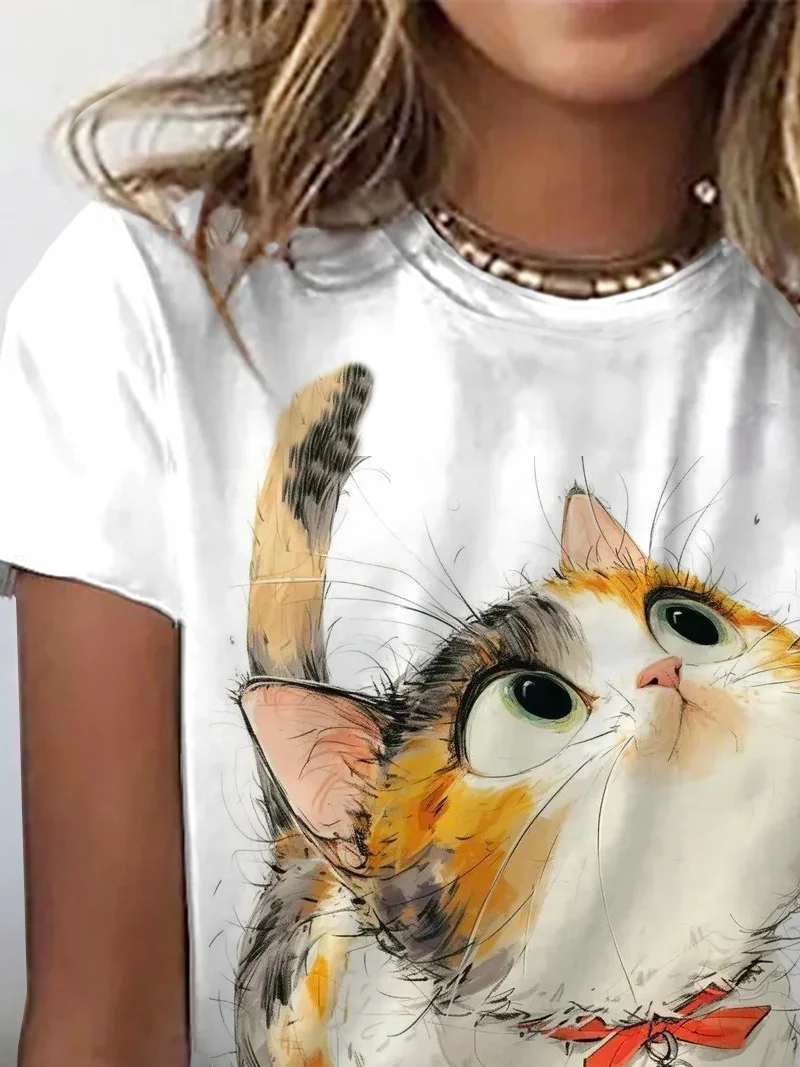 Women's Short Sleeve Tee T-shirt Summer Cat Crew Neck Casual Top