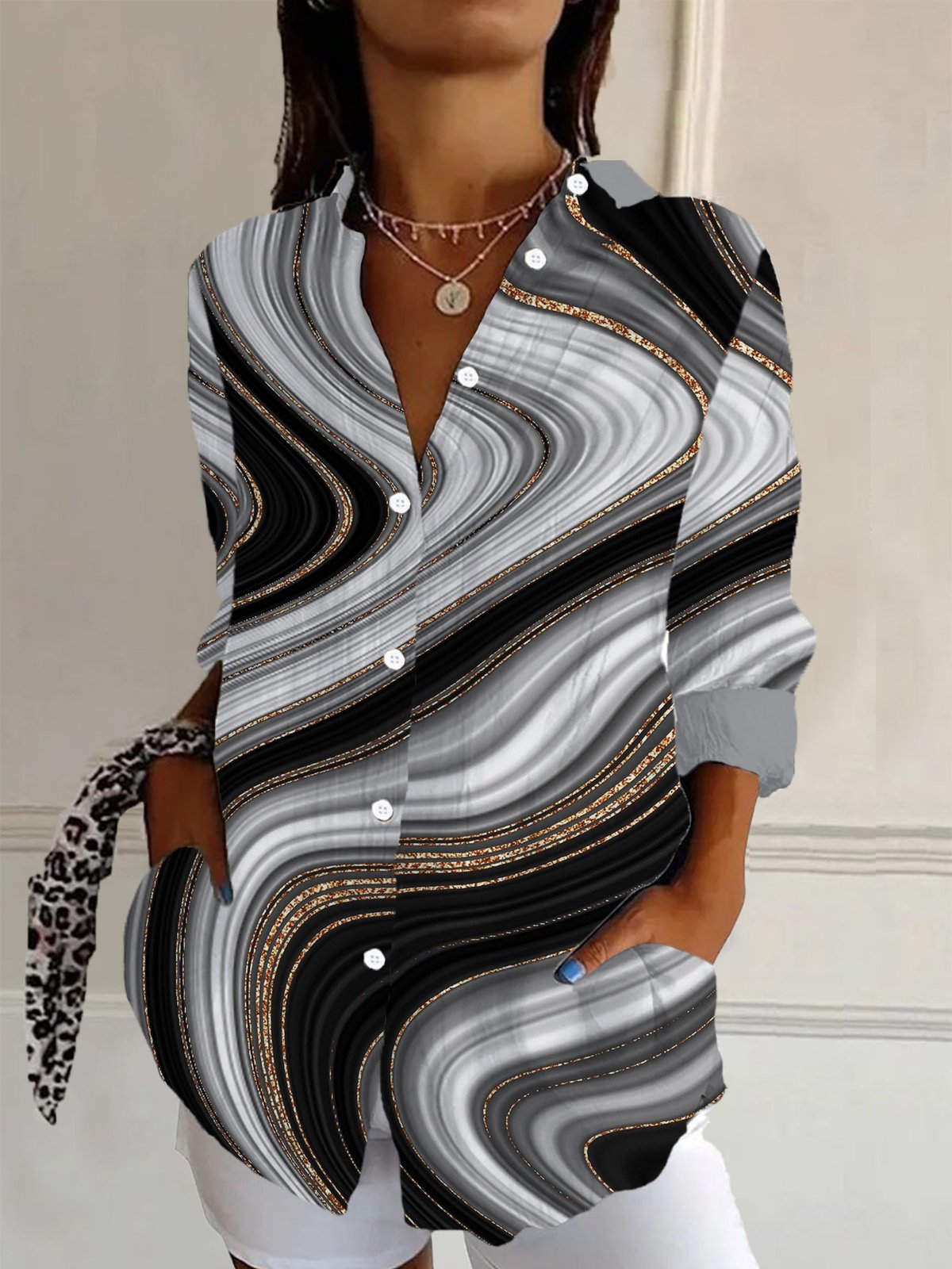 Women's Long Sleeve Shirt Spring/Fall Abstract Shirt Collar Daily Going Out Casual Top