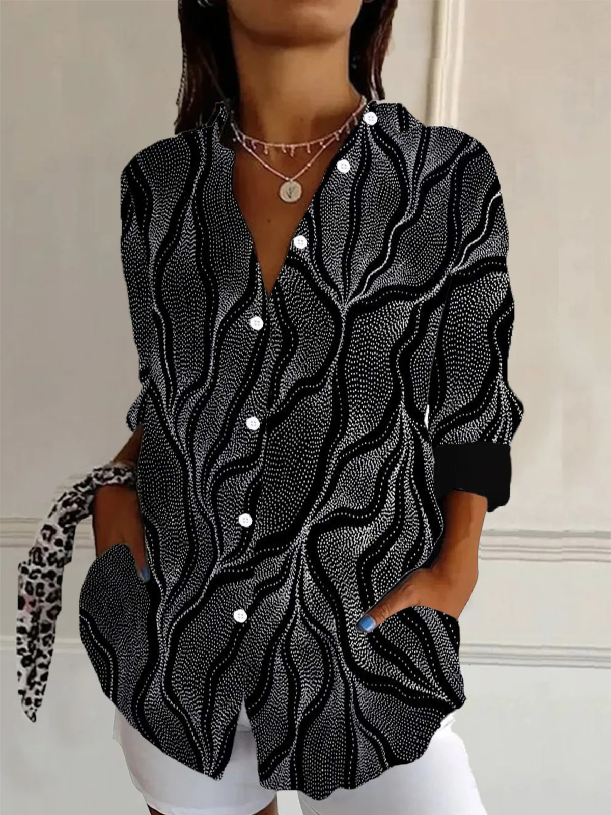 Women's Long Sleeve Shirt Spring/Fall Geometric Shirt Collar Daily Going Out Casual Top