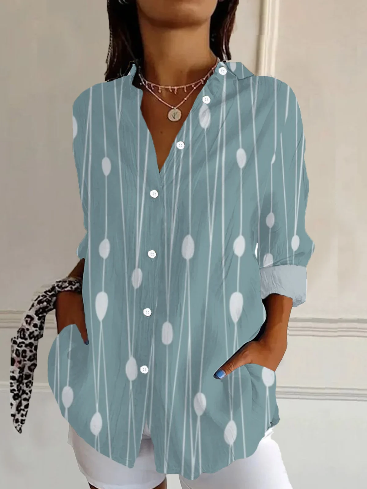 Women's Long Sleeve Shirt Spring/Fall Striped Buckle Shirt Collar Daily Going Out Casual Top