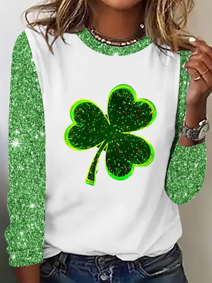 Women's Shamrock Long Sleeve Tee T-shirt St. Patrick's Day Floral Casual Spring/Fall Top
