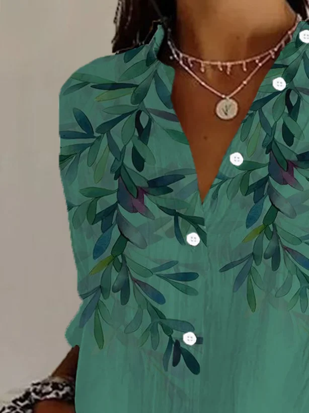 Women's Long Sleeve Shirt Spring/Fall Plants Buckle Shirt Collar Daily Going Out Casual Top