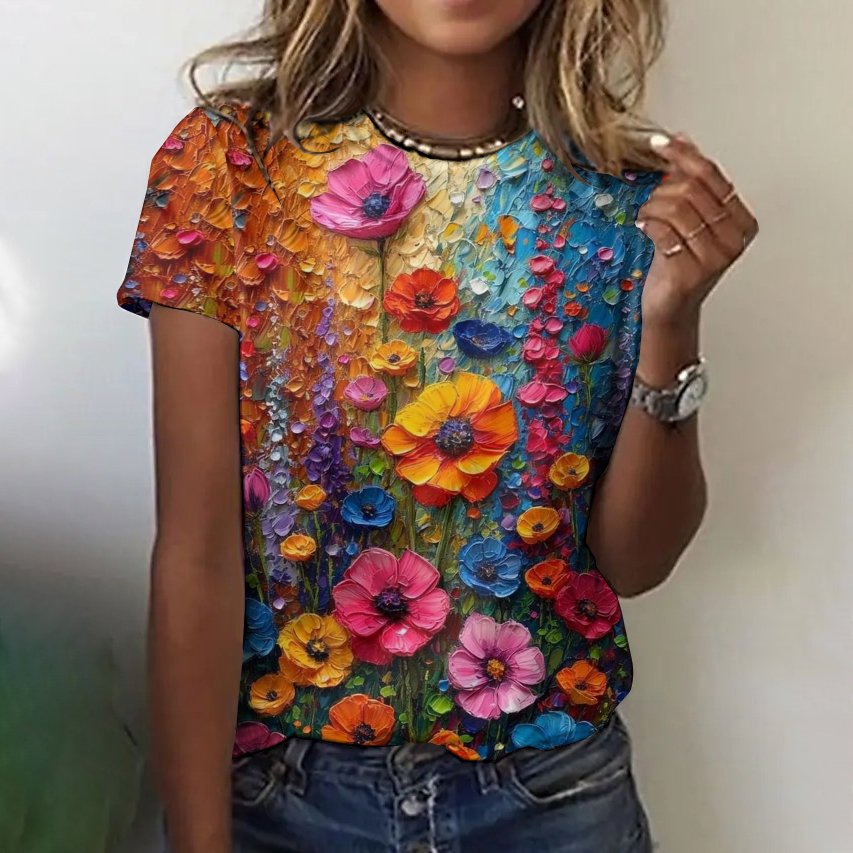 Women's Floral Short Sleeve Tee T-shirt Crew Neck Vintage Summer Top