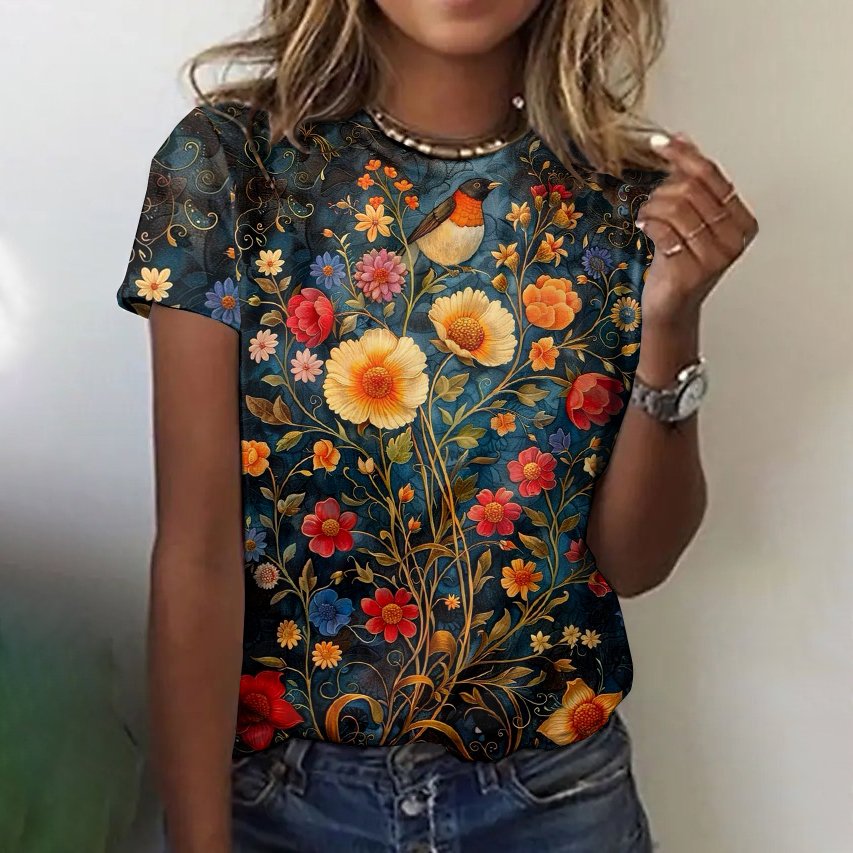 Women's Floral Short Sleeve Tee T-shirt Crew Neck Vintage Summer Top