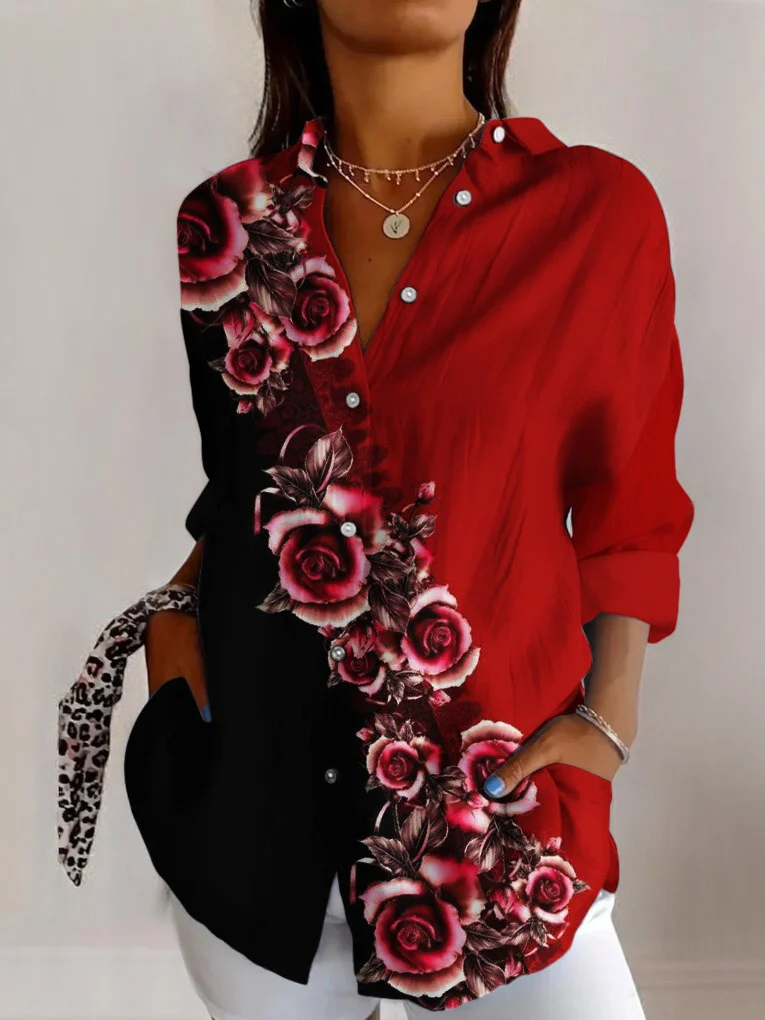Women's Floral Long Sleeve Shirt Spring/Fall Shirt Collar Daily Vintage Top