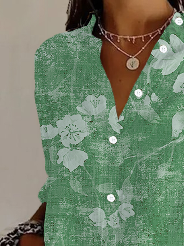 Women's Long Sleeve Shirt Spring/Fall Floral Buckle Shirt Collar Daily Going Out Casual Top