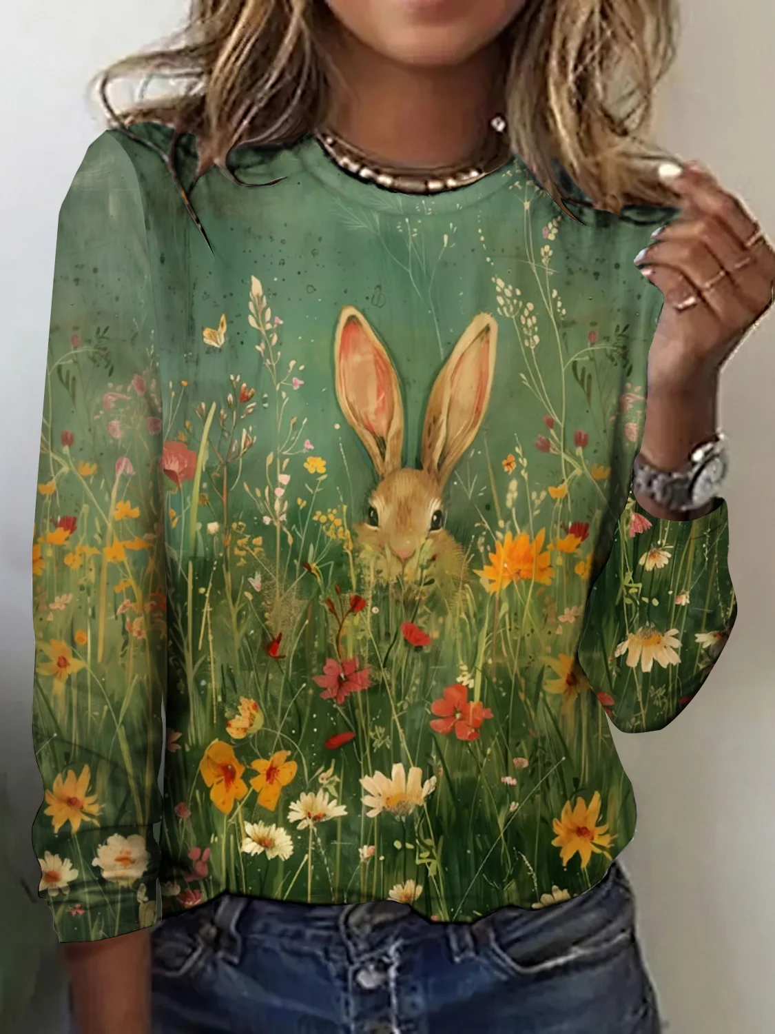 Women Rabbit Print Long Sleeve Tee T-shirt Crew Neck Vintage Spring/Fall Top