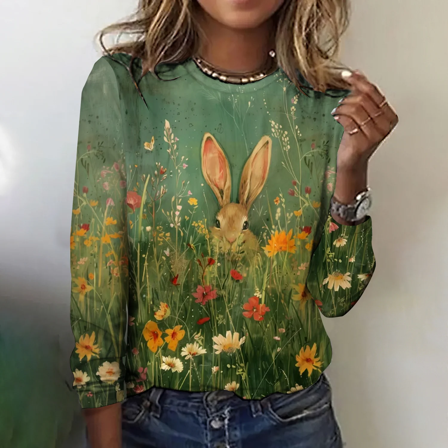 Women Rabbit Print Long Sleeve Tee T-shirt Crew Neck Vintage Spring/Fall Top