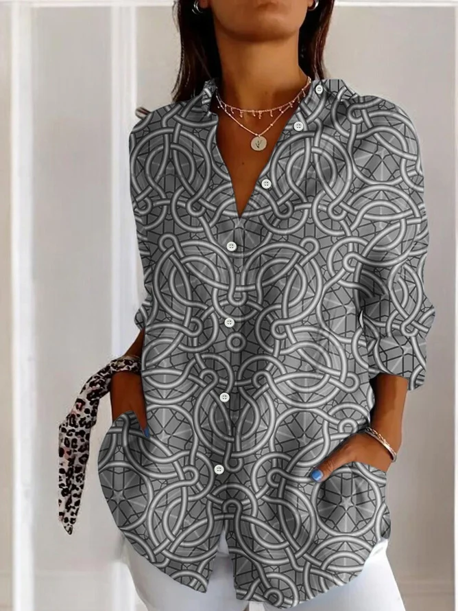 Women's Long Sleeve Shirt Spring/Fall Geometric Cotton Shirt Collar Daily Going Out Casual Top