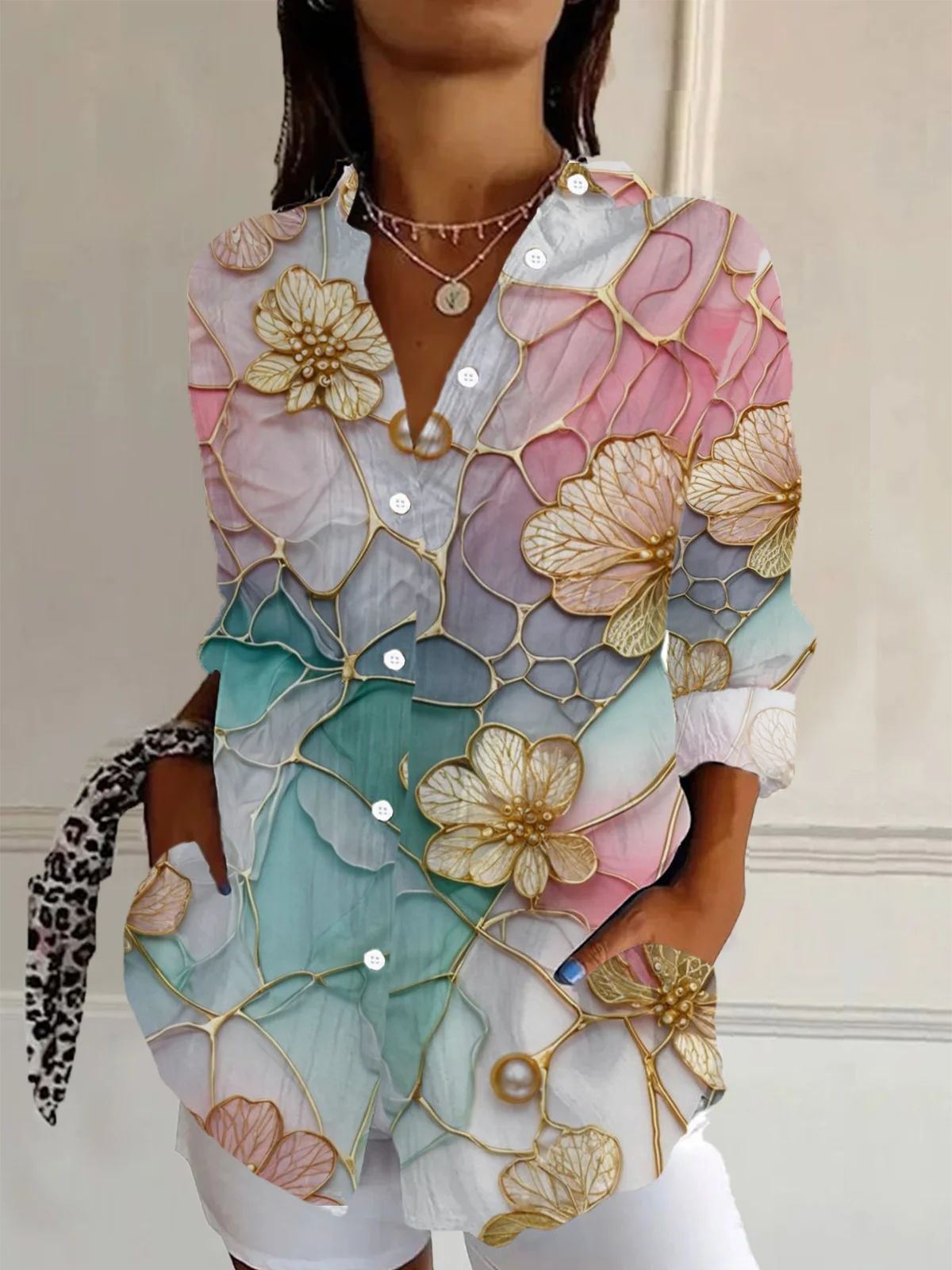 Women's Long Sleeve Shirt Spring/Fall Floral Buckle Shirt Collar Daily Going Out Casual Top