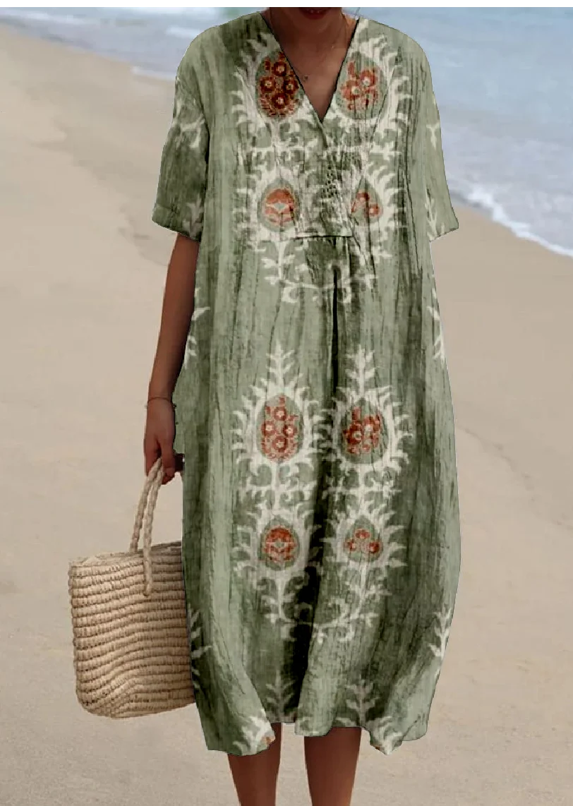 Women's Tropical Short Sleeve Summer Dress V Neck Daily Vintage Maxi O-Line Dress