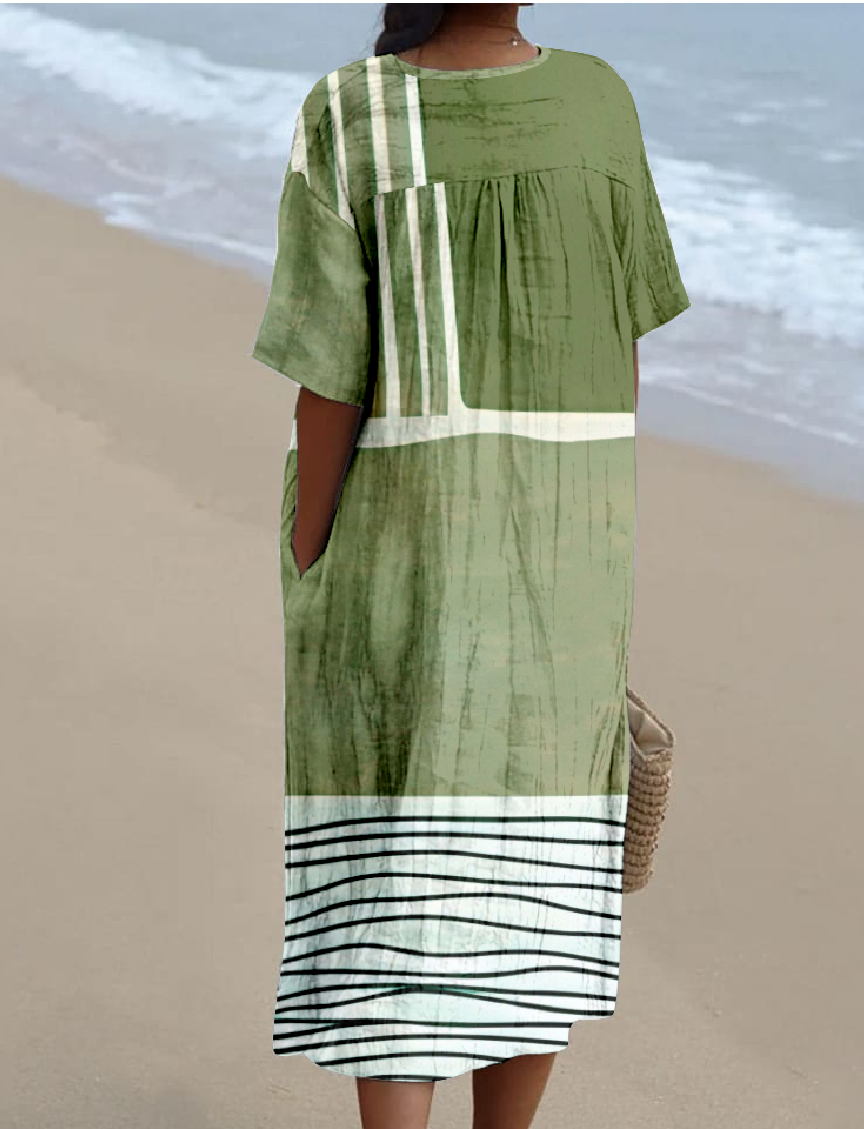 Women's Multicolor Block Short Sleeve Summer Dress V Neck Daily Vintage Maxi O-Line Dress