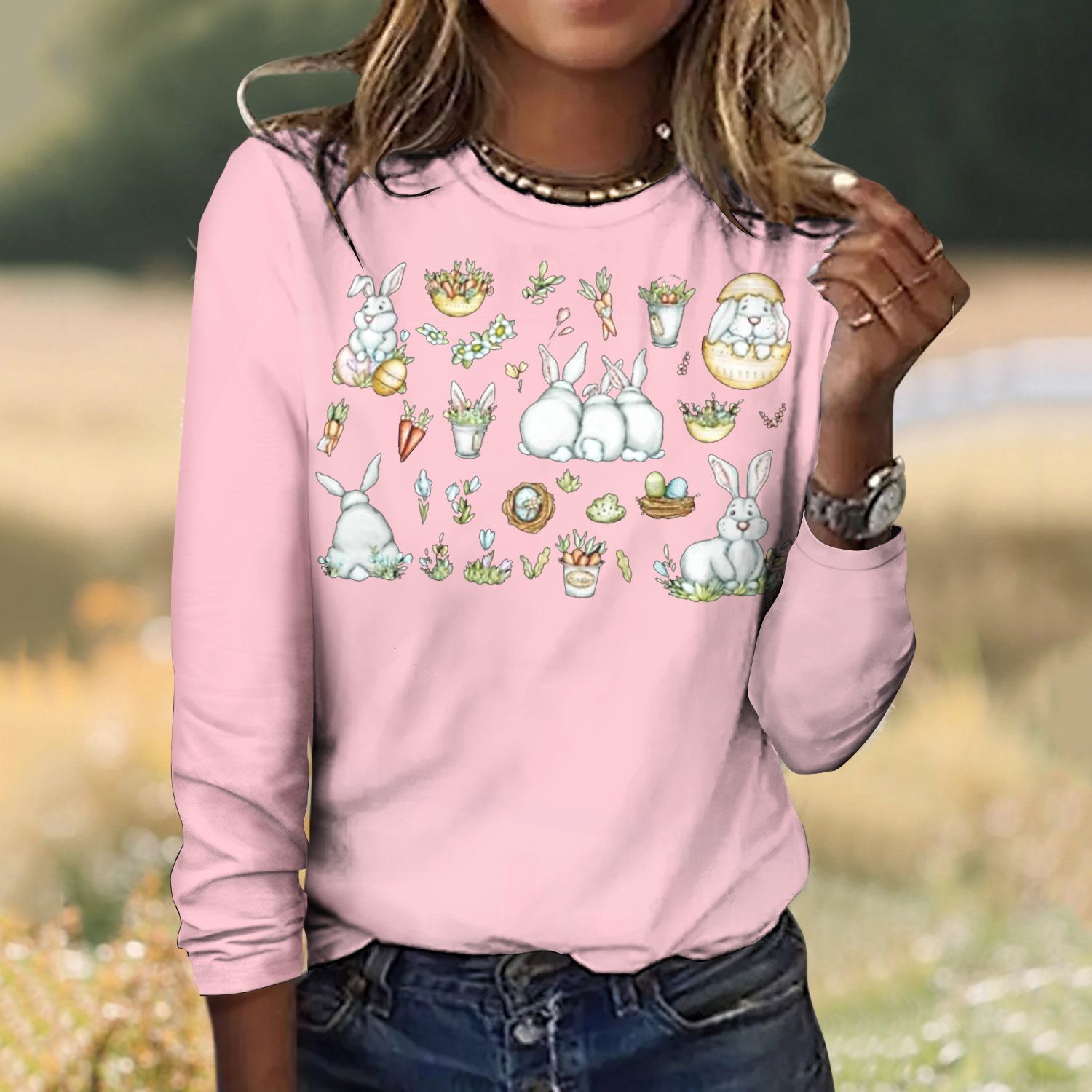 Women's Plaid Long Sleeve Tee T-shirt Crew Neck Vintage Spring/Fall Top