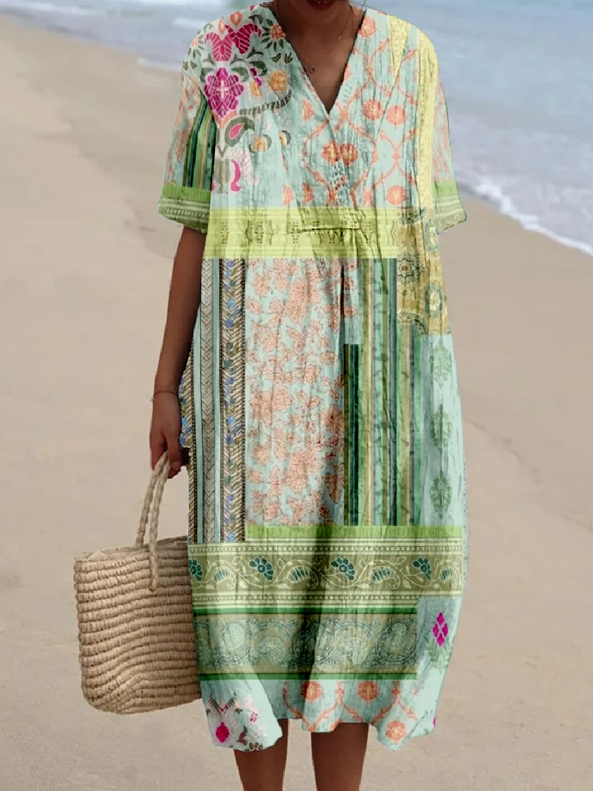 Women Multicolor Block Short Sleeve Summer Dress V Neck Daily Vintage Maxi O-Line Dress
