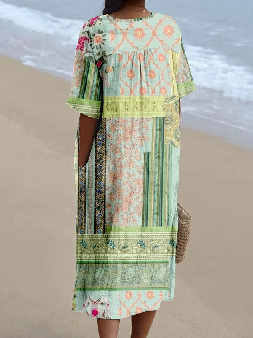 Women Multicolor Block Short Sleeve Summer Dress V Neck Daily Vintage Maxi O-Line Dress