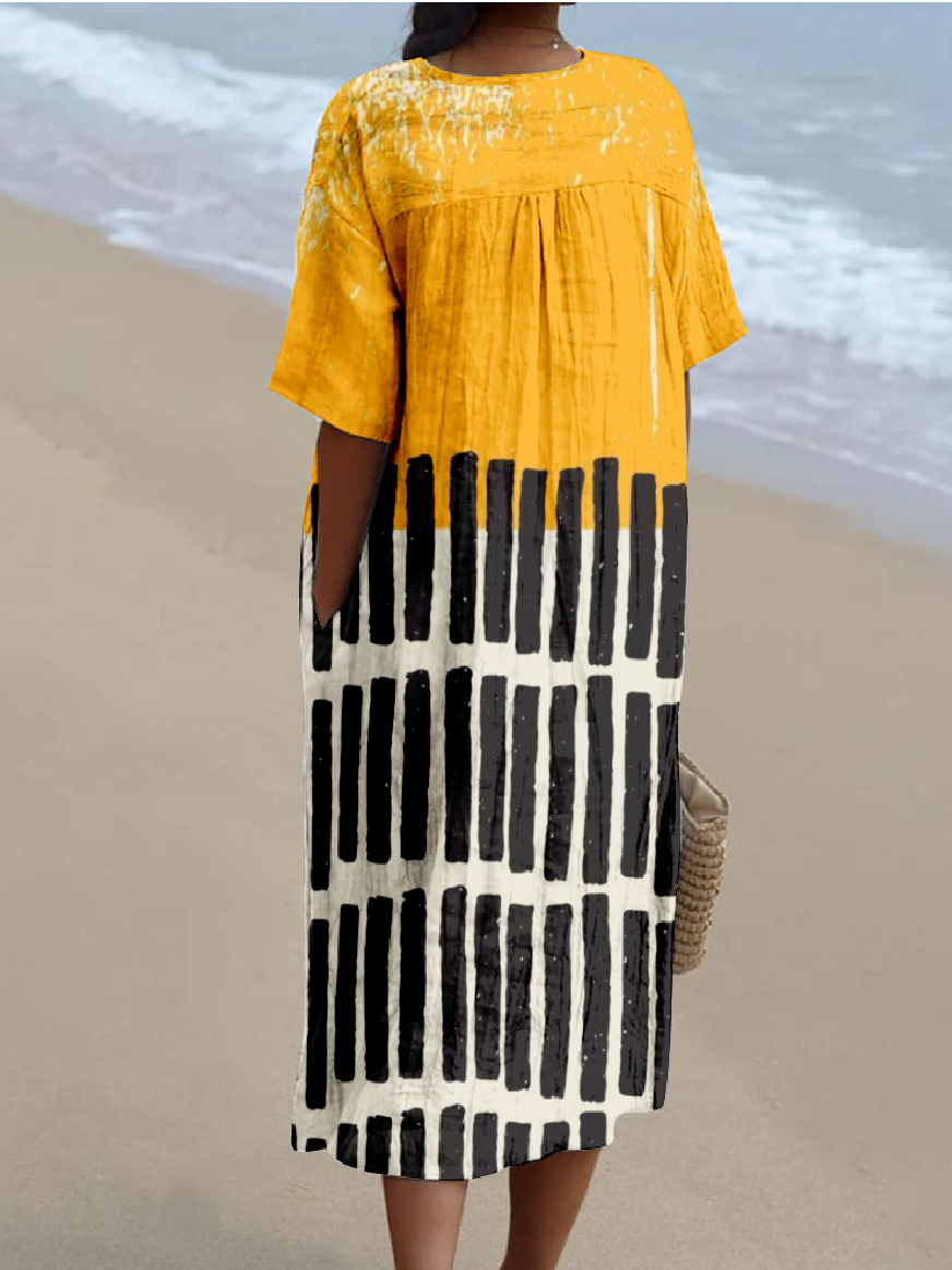 Women's Multicolor Block Short Sleeve Summer Dress V Neck Daily Vintage Maxi O-Line Dress