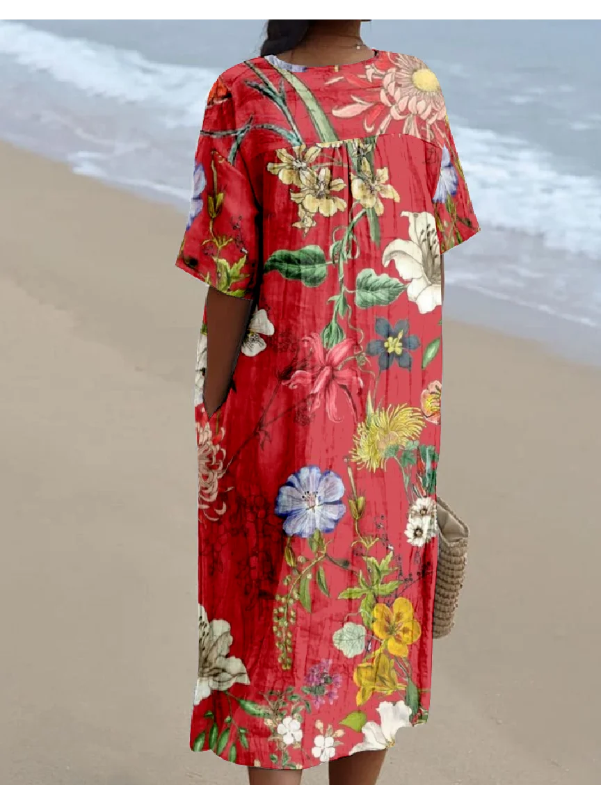 Women's Tropical Short Sleeve Summer Dress V Neck Daily Vintage Maxi O-Line Dress