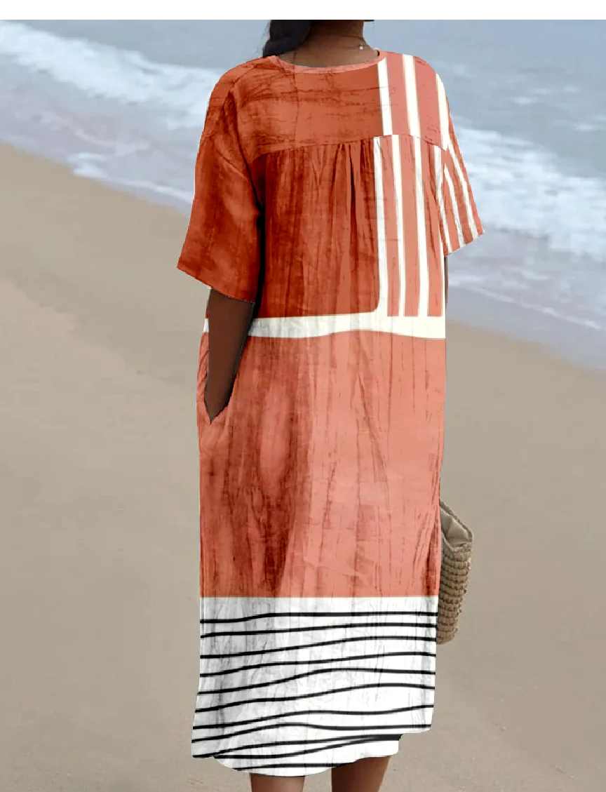 Women's Multicolor Block Short Sleeve Summer Dress V Neck Daily Vintage Maxi O-Line Dress