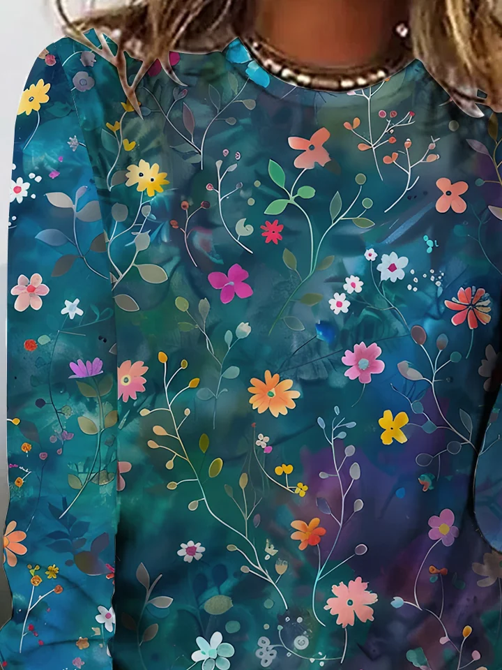 Women's Floral Long Sleeve Tee T-shirt Crew Neck Vintage Spring/Fall Top