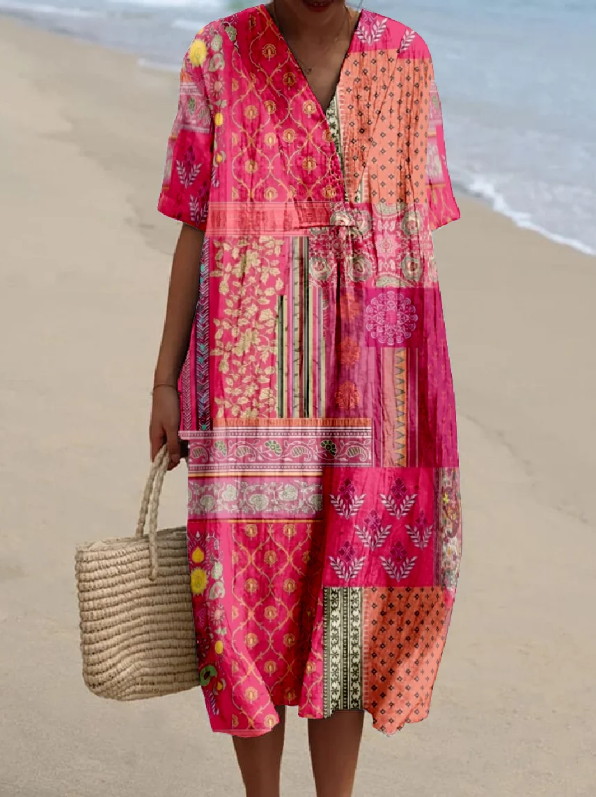 Women Multicolor Block Short Sleeve Summer Dress V Neck Daily Vintage Maxi O-Line Dress