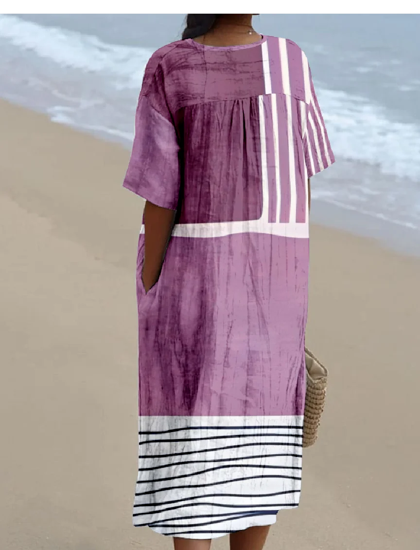 Women's Multicolor Block Short Sleeve Summer Dress V Neck Daily Vintage Maxi O-Line Dress