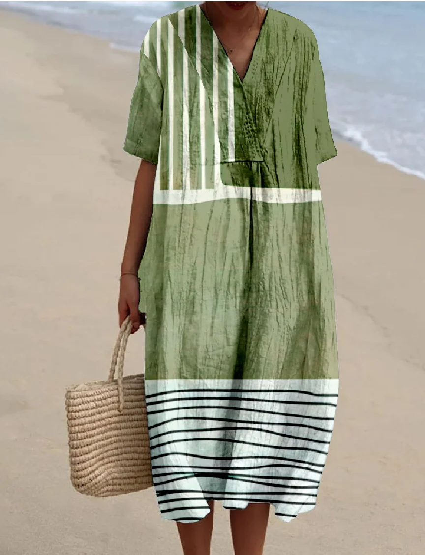 Women's Multicolor Block Short Sleeve Summer Dress V Neck Daily Vintage Maxi O-Line Dress