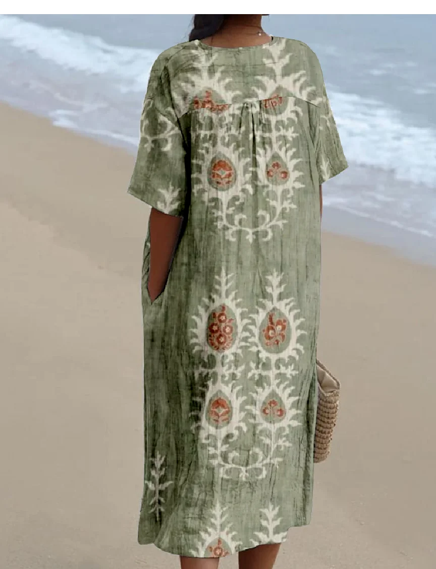 Women's Tropical Short Sleeve Summer Dress V Neck Daily Vintage Maxi O-Line Dress