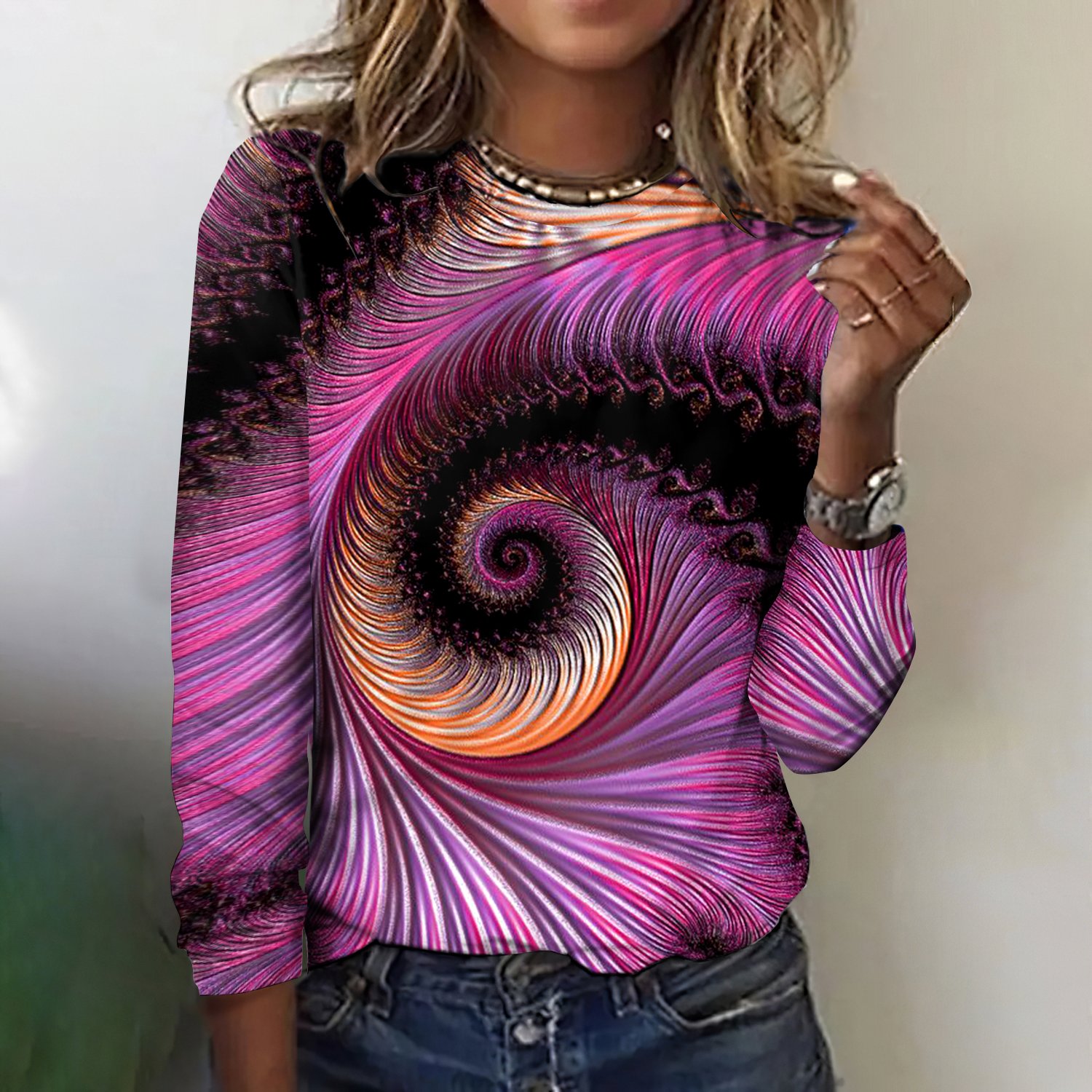 Women's Geometric Long Sleeve Tee T-shirt Crew Neck Casual Spring/Fall Top