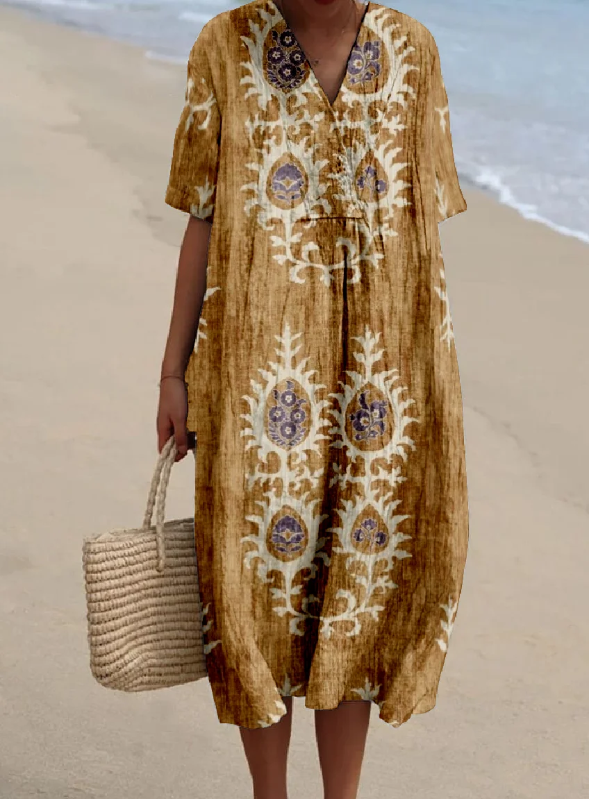 Women's Tropical Short Sleeve Summer Dress V Neck Daily Vintage Maxi O-Line Dress