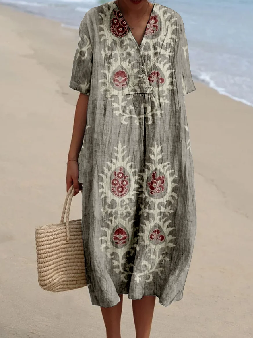 Women's Tropical Short Sleeve Summer Dress V Neck Daily Vintage Maxi O-Line Dress