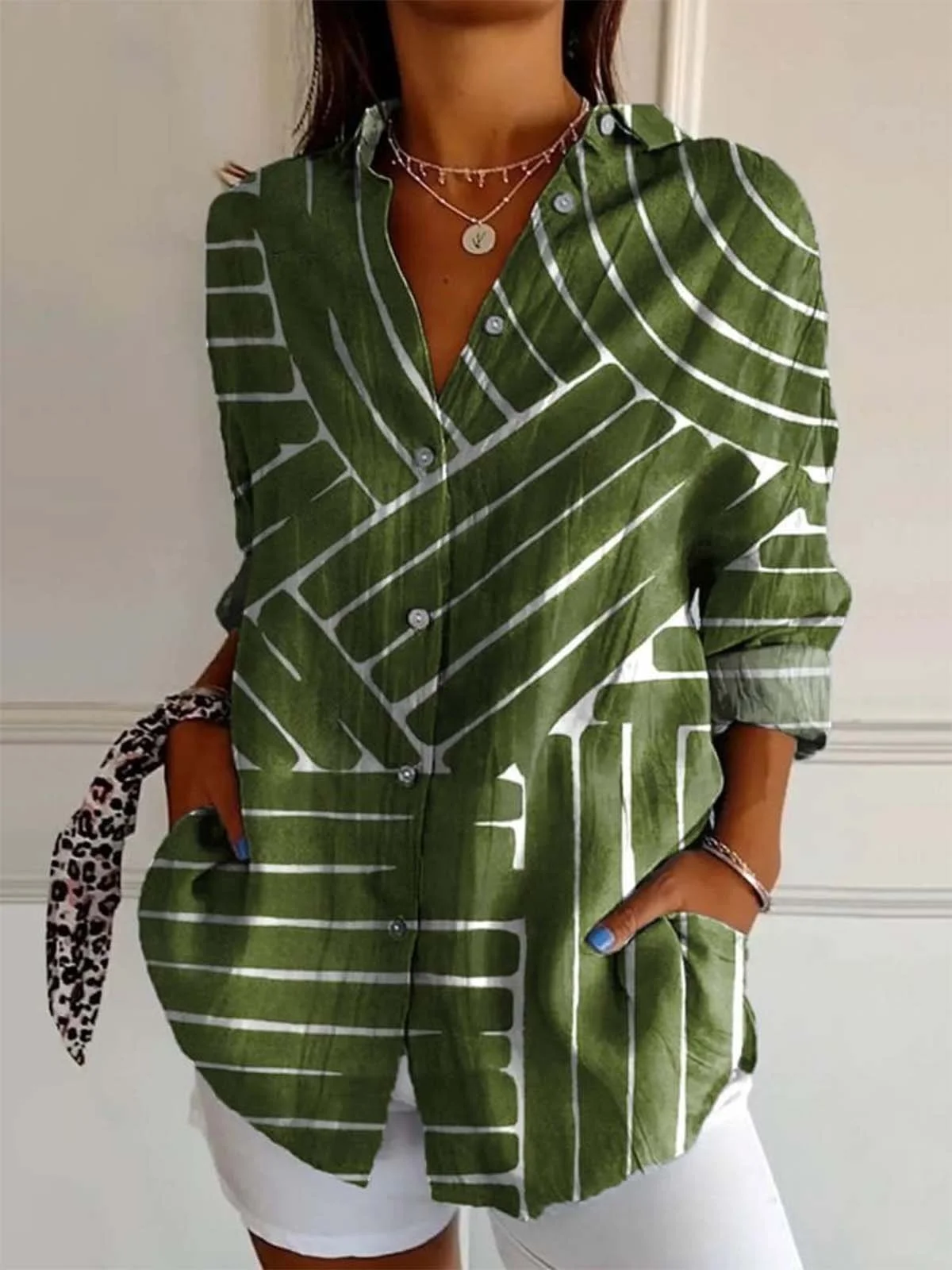 Women's Long Sleeve Shirt Spring/Fall Striped Shawl Collar Daily Going Out Casual Top