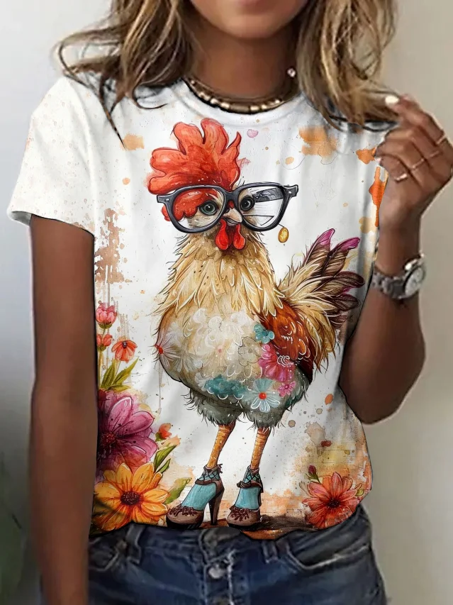 Women's Animal Short Sleeve Tee T-shirt Crew Neck Vintage Summer Top