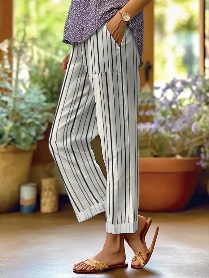 Women's Trousers Straight Pants Daily Going Out Casual Printing Linen Blend Striped Spring/Fall Pants