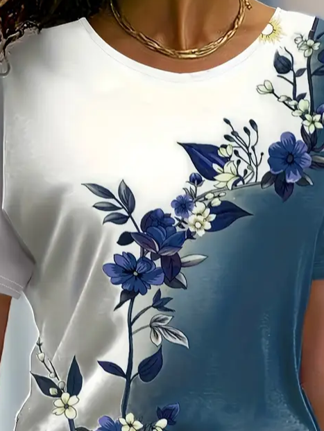 Women's Short Sleeve Tee T-shirt Summer Floral Printing Crew Neck Casual Graphic Tee Top
