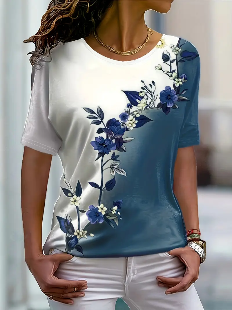 Women's Short Sleeve Tee T-shirt Summer Floral Printing Crew Neck Casual Graphic Tee Top